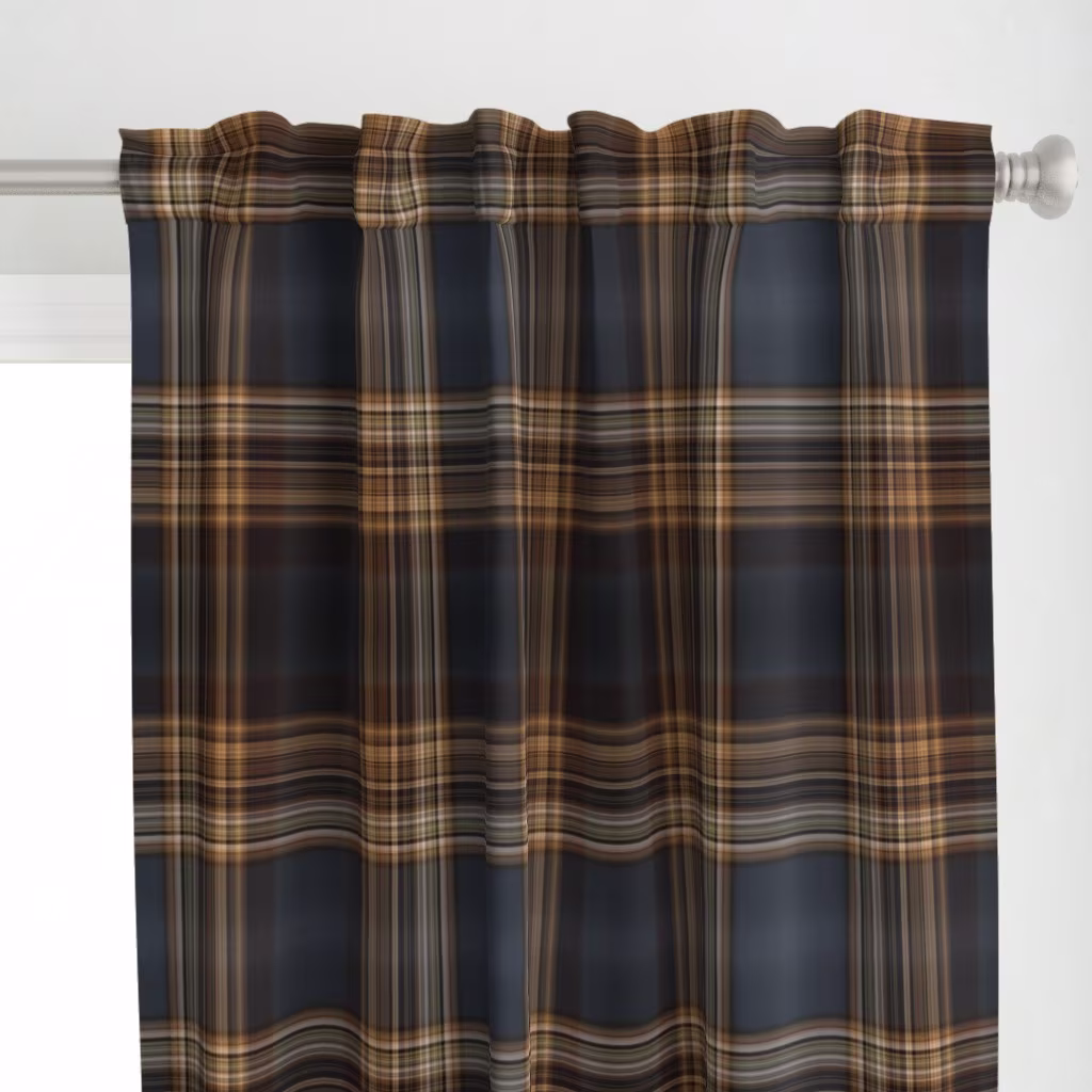 Curtain in Dark Blue and Brown Fine Line Plaid by Spoonflower artist northern_whimsy.