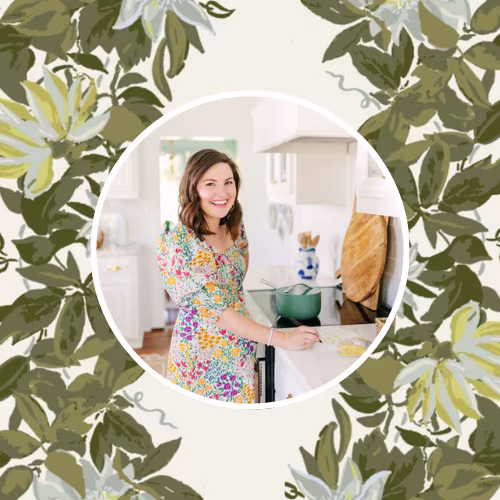 Headshot of McKenzie Fussell with a botanical stripe print she used in her laundry room renovation.