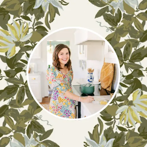 Headshot of McKenzie Fussell with a botanical stripe print she used in her laundry room renovation.