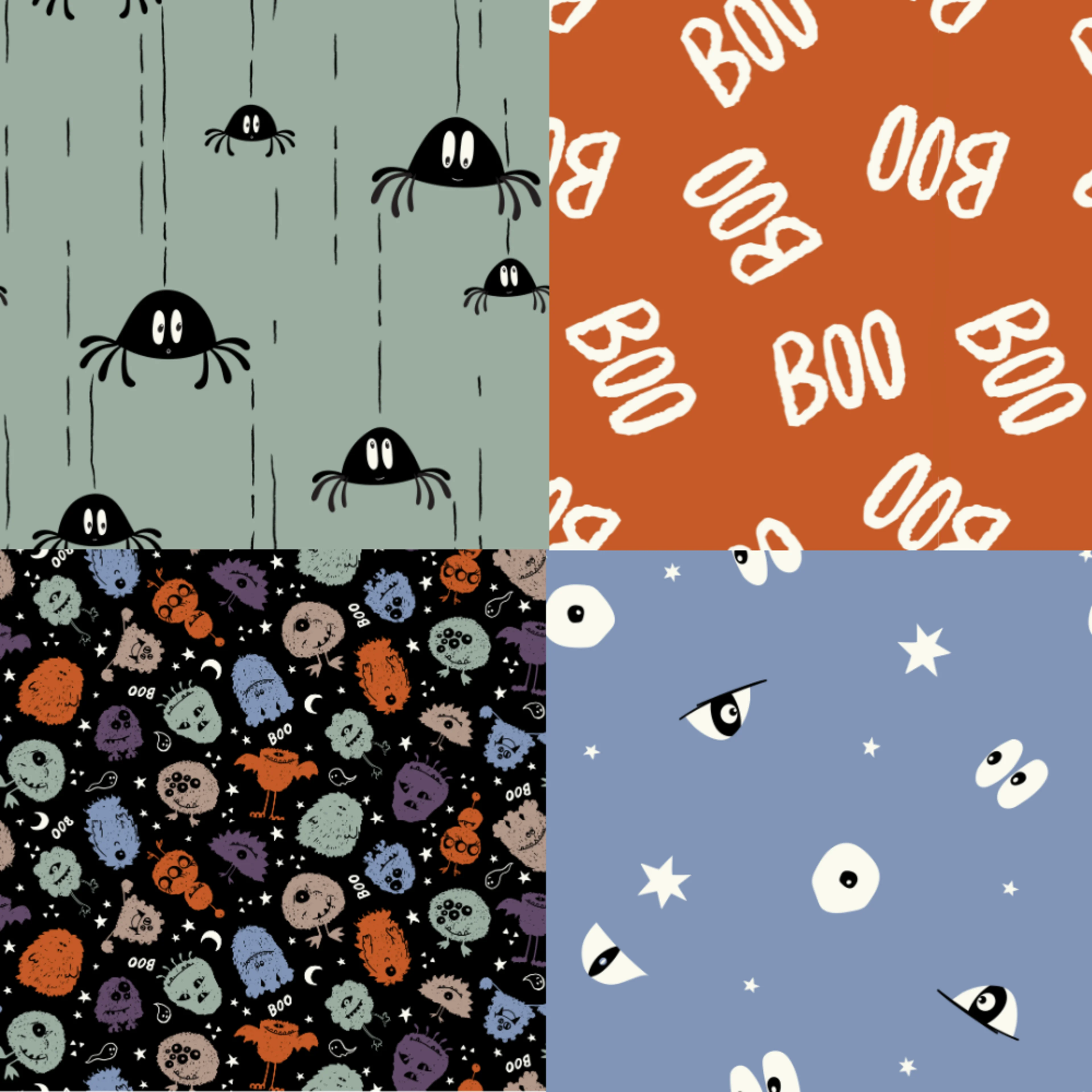 A grid of 4 whimsical Halloween designs from Softly_Studio