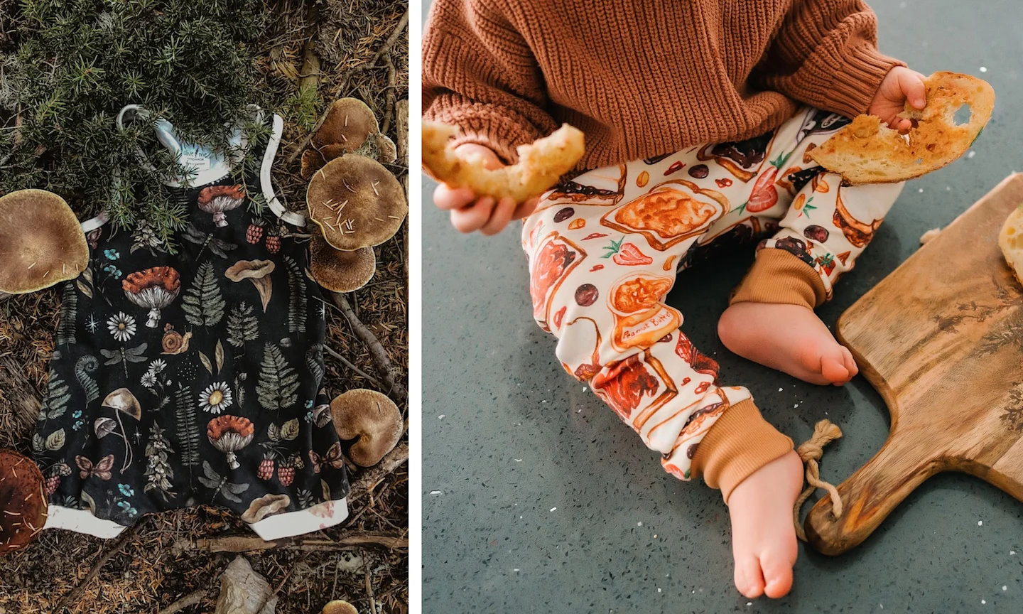 2 images side by side. The left image is a set of baby overalls, laid among mushrooms and greenery. The right image shows a baby wearing patterned leggings sitting on a counter, holding a slice of bread 