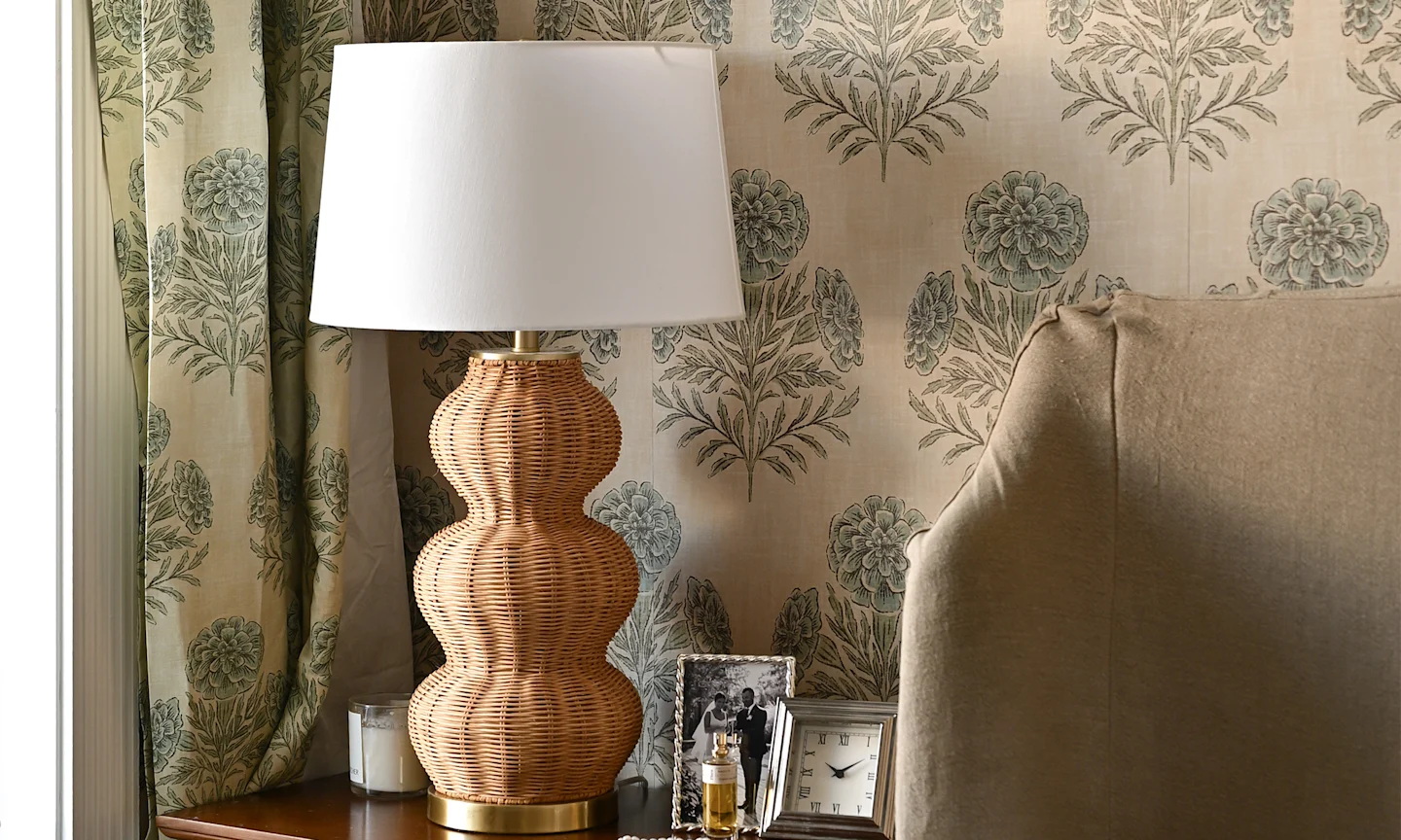 Bedroom with wallpaper and curtains in Marigold - extra large - dusty blue and sage green by byre_wilde.