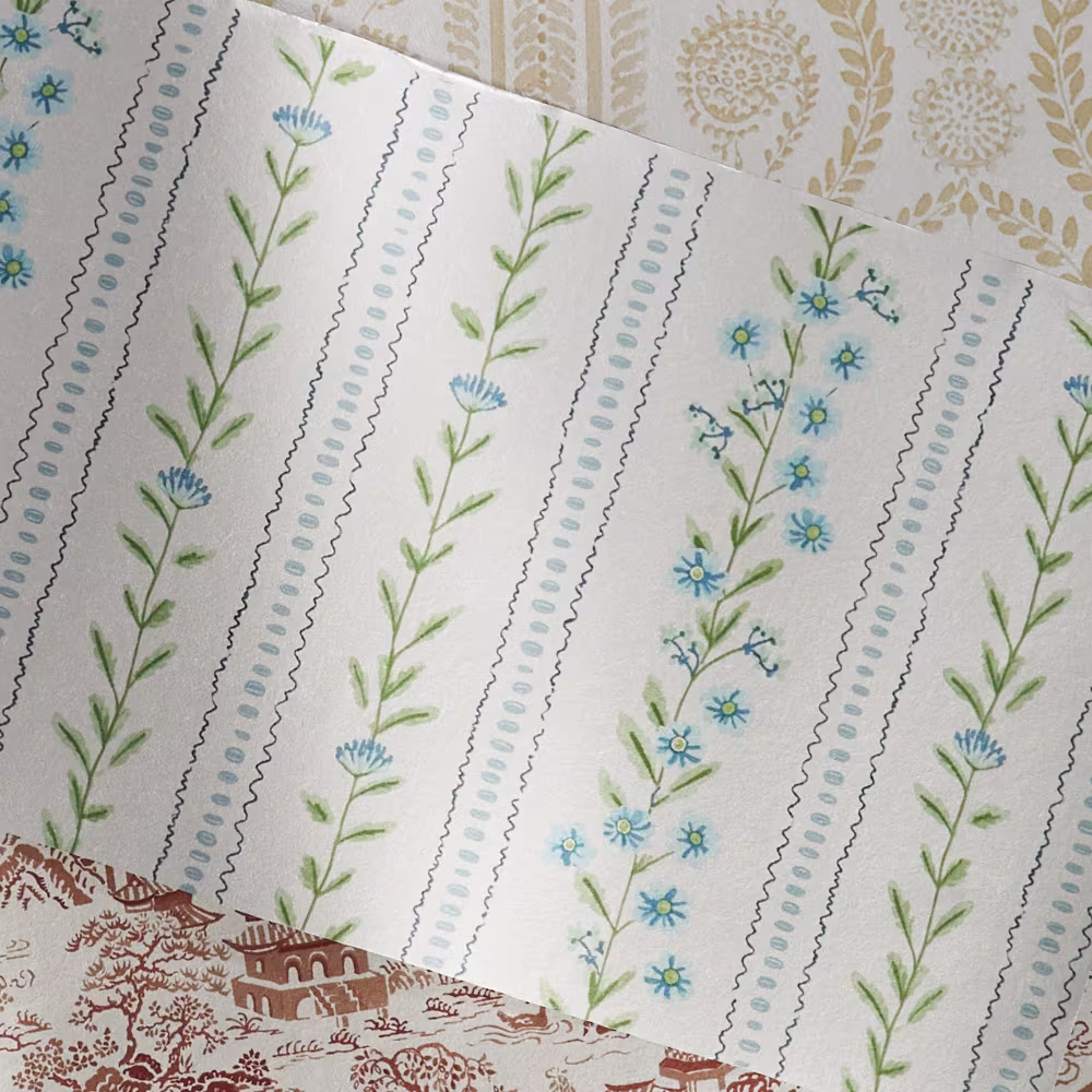Grandmillennial designs on silver wallpaper