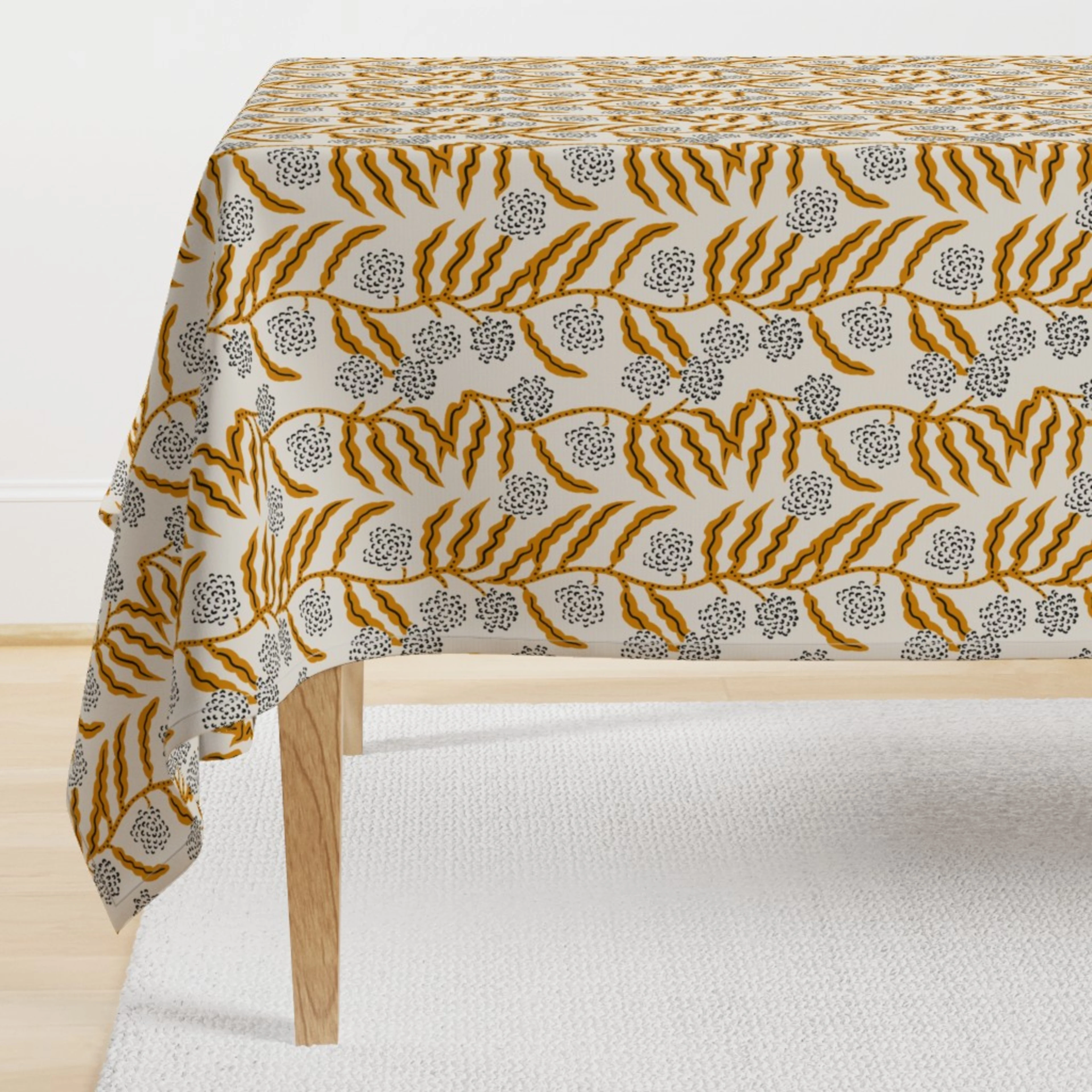 Boho floral rectangular tablecloth in mustard and cream