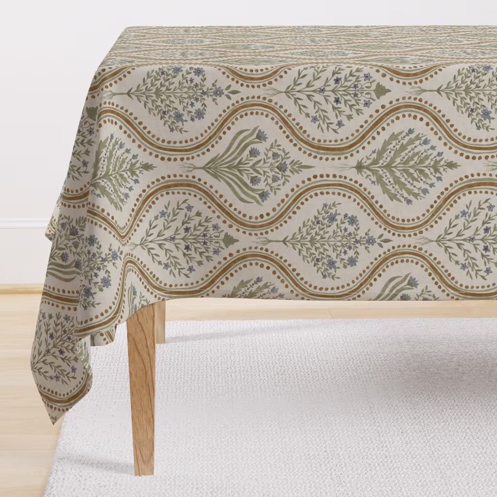 A traditional sage and beige floral ogee rectangular tablecloth