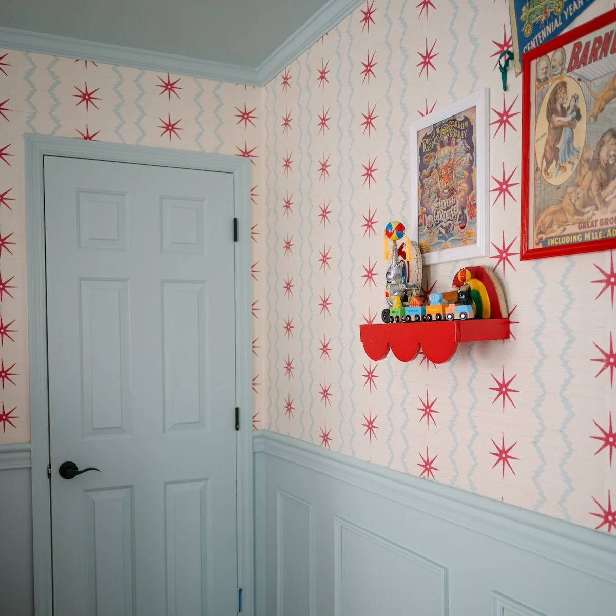 blue door and stars and stripes wallpaper