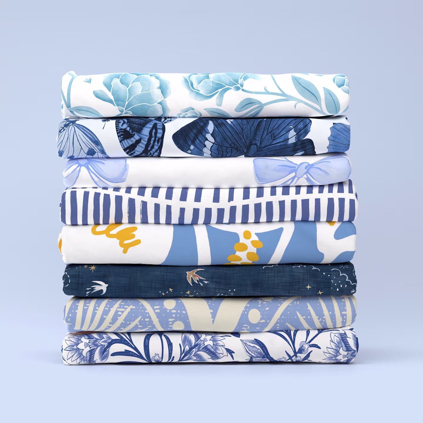 Stack of blue fabrics