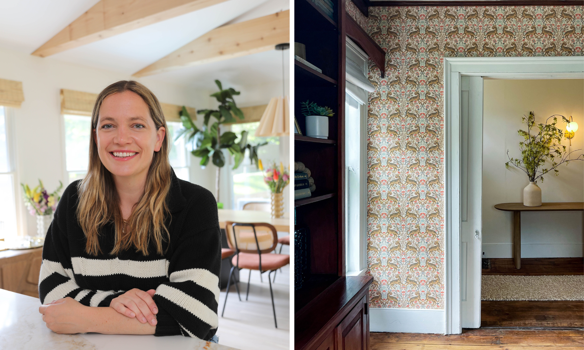 Living space with tiger wallpaper and a headshot of Blythe Graham-Jones of Via Norfolk.