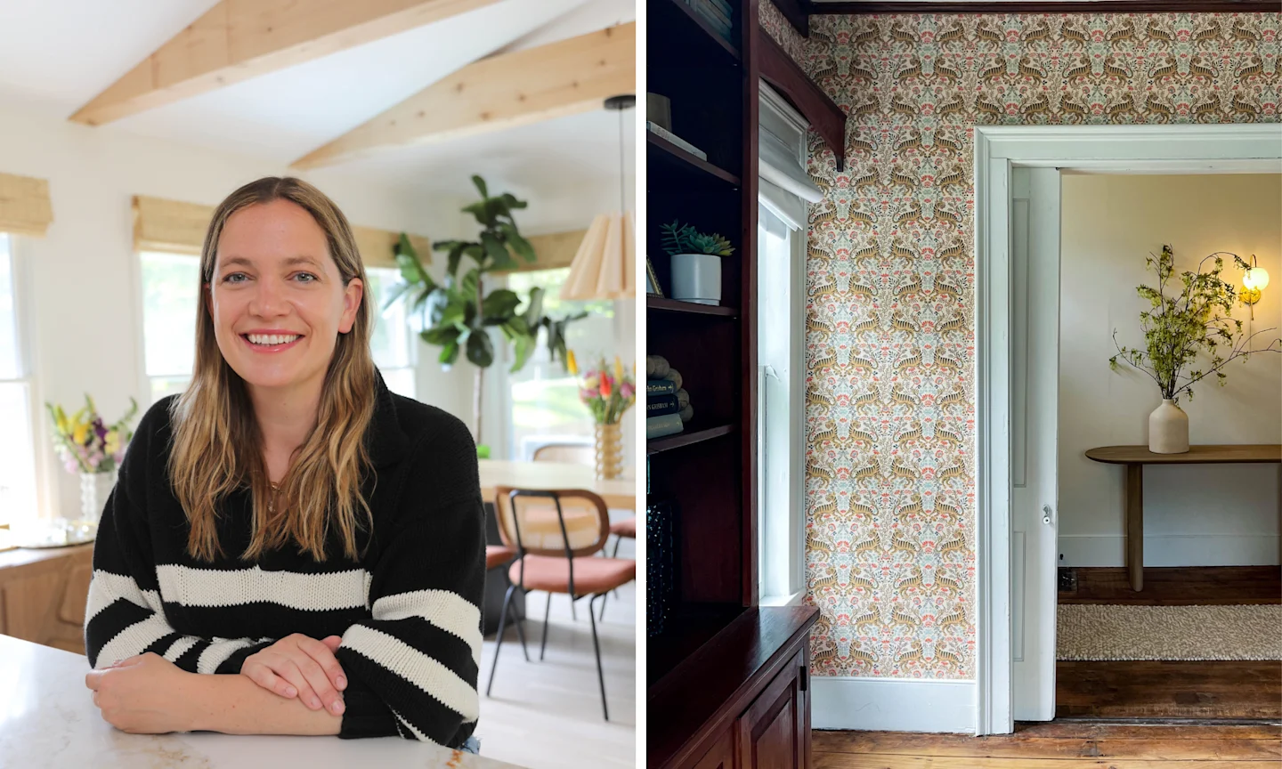 Living space with tiger wallpaper and a headshot of Blythe Graham-Jones  of Via Norfolk.