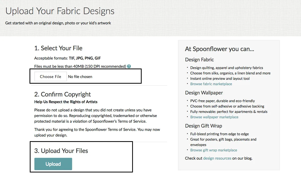 The Upload Your Fabric Designs screen on Spoonflower where you can select your file, confirm copyright and upload your files. 