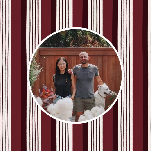 Headshot of Kim and Scott Vargo with a maroon stripe design.