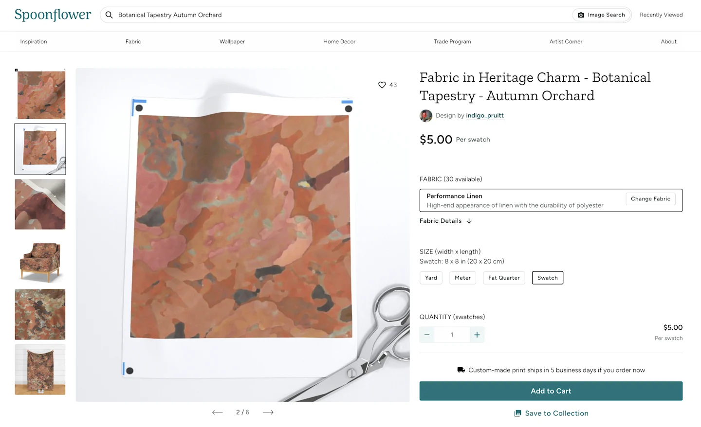 A screenshot of a Spoonflower swatch ordering page