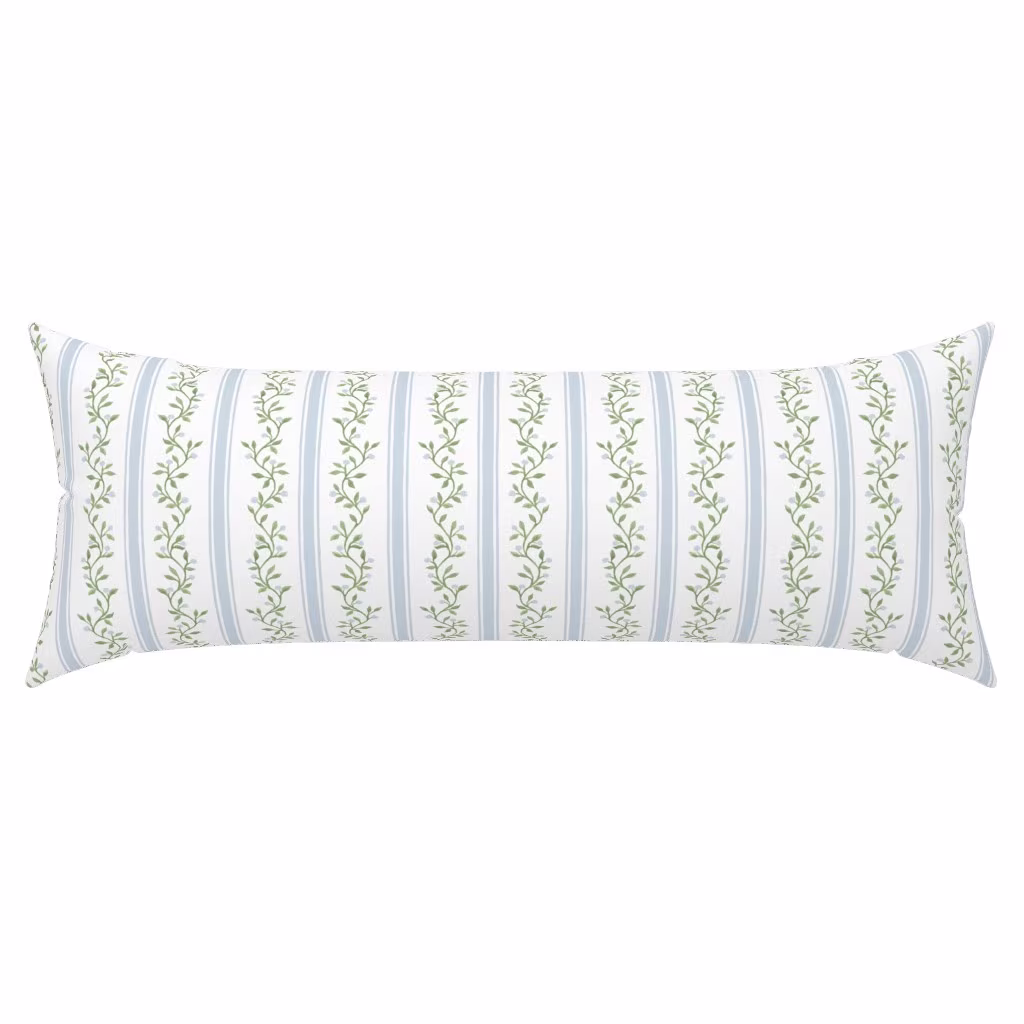 Blue and green floral stripe extra long lumbar throw pillow