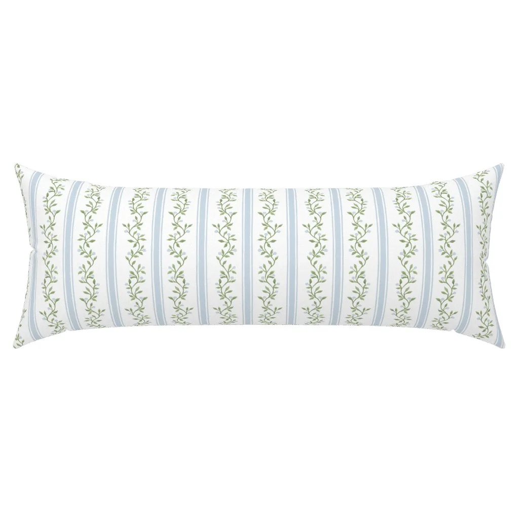 Blue and green floral stripe extra long lumbar throw pillow
