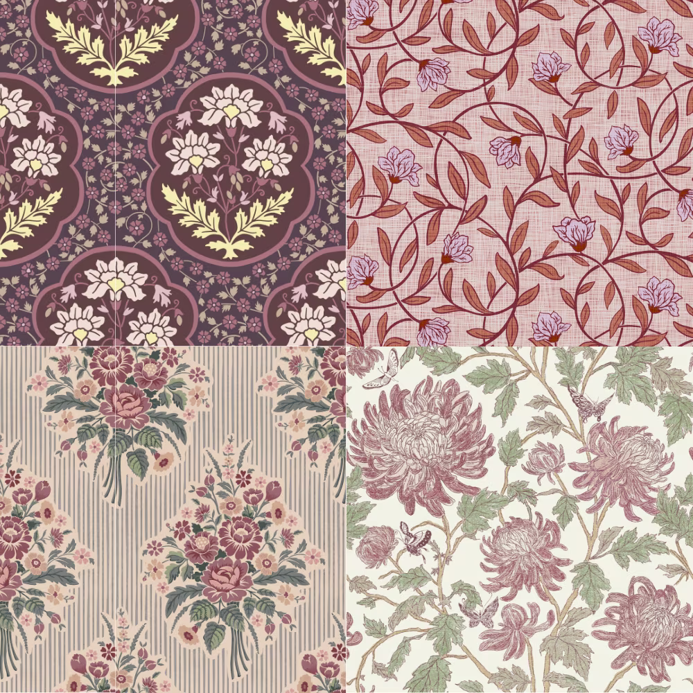A grid of 4 floral designs from the Spoonflower Style Editors