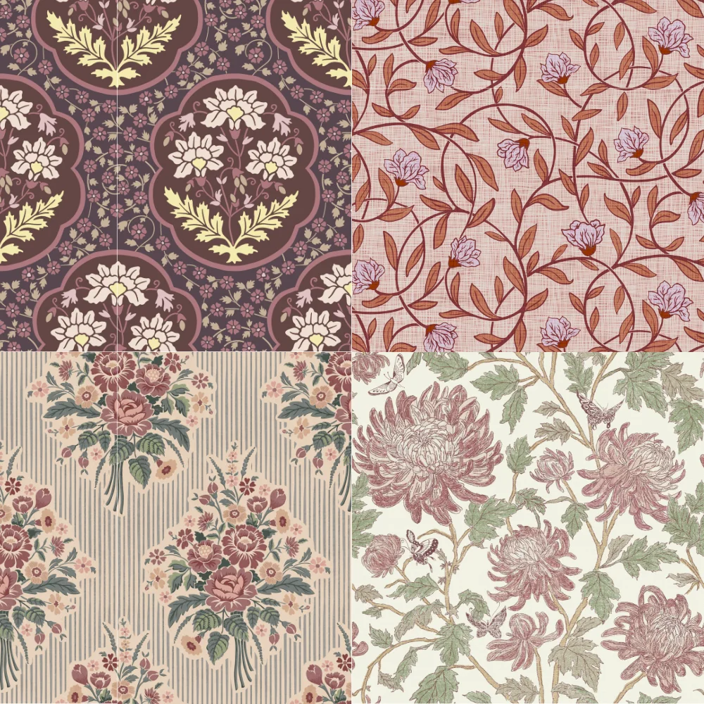 A grid of 4 floral designs from the Spoonflower Style Editors