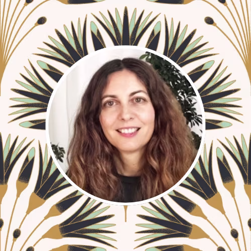 Mercedes Cortés in front of one of her block print floral designs