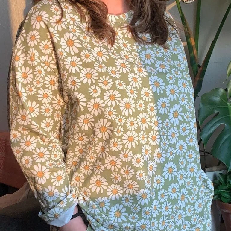 Michelle wearing her green joggers with white daisies