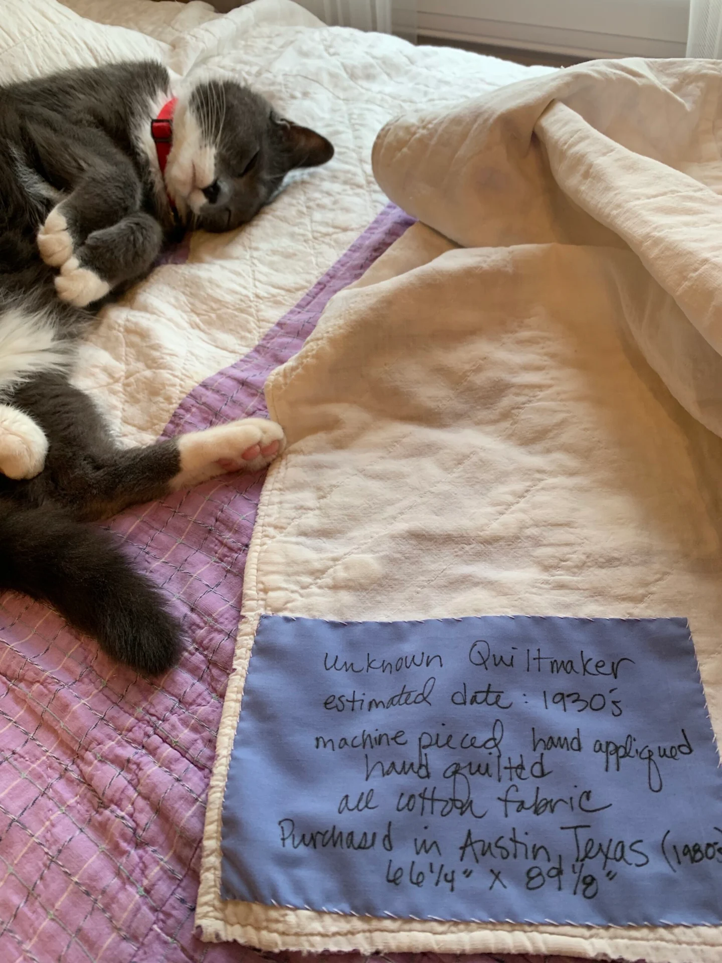 A blue piece of fabric has been stitched to the white back of a quilt. The fabric is pinned to the back on the quilt and the stitching in place is in progress. A small pair of scissors and a spool of light gray thread lay at the top of the label. On the q