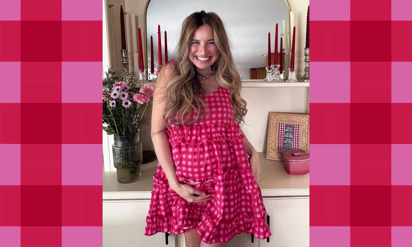 image of woman in pink and red dress.