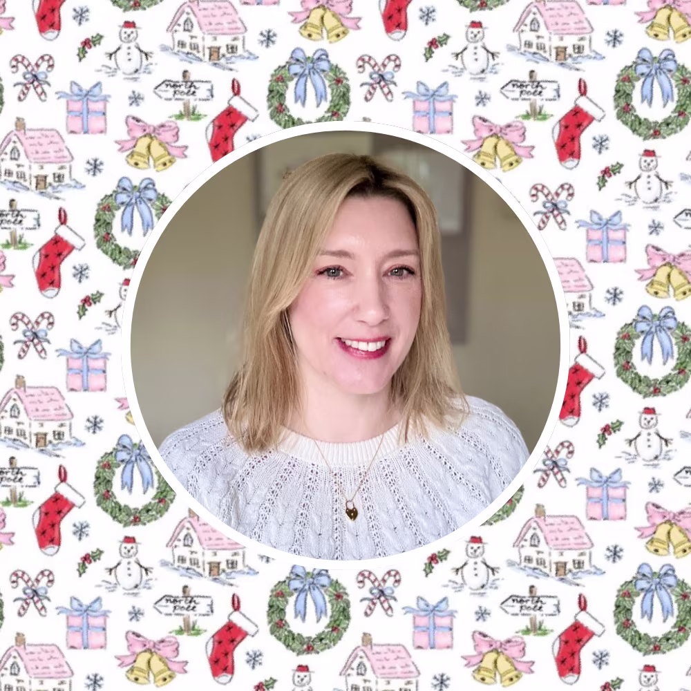 Christmas Toile Design behind a headshot of the designer Claire Brennan