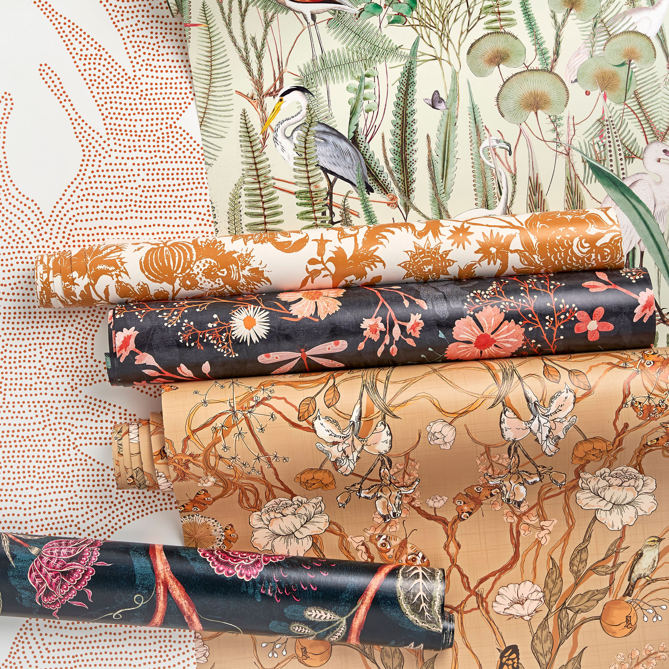 Rolls of botanical wallpaper