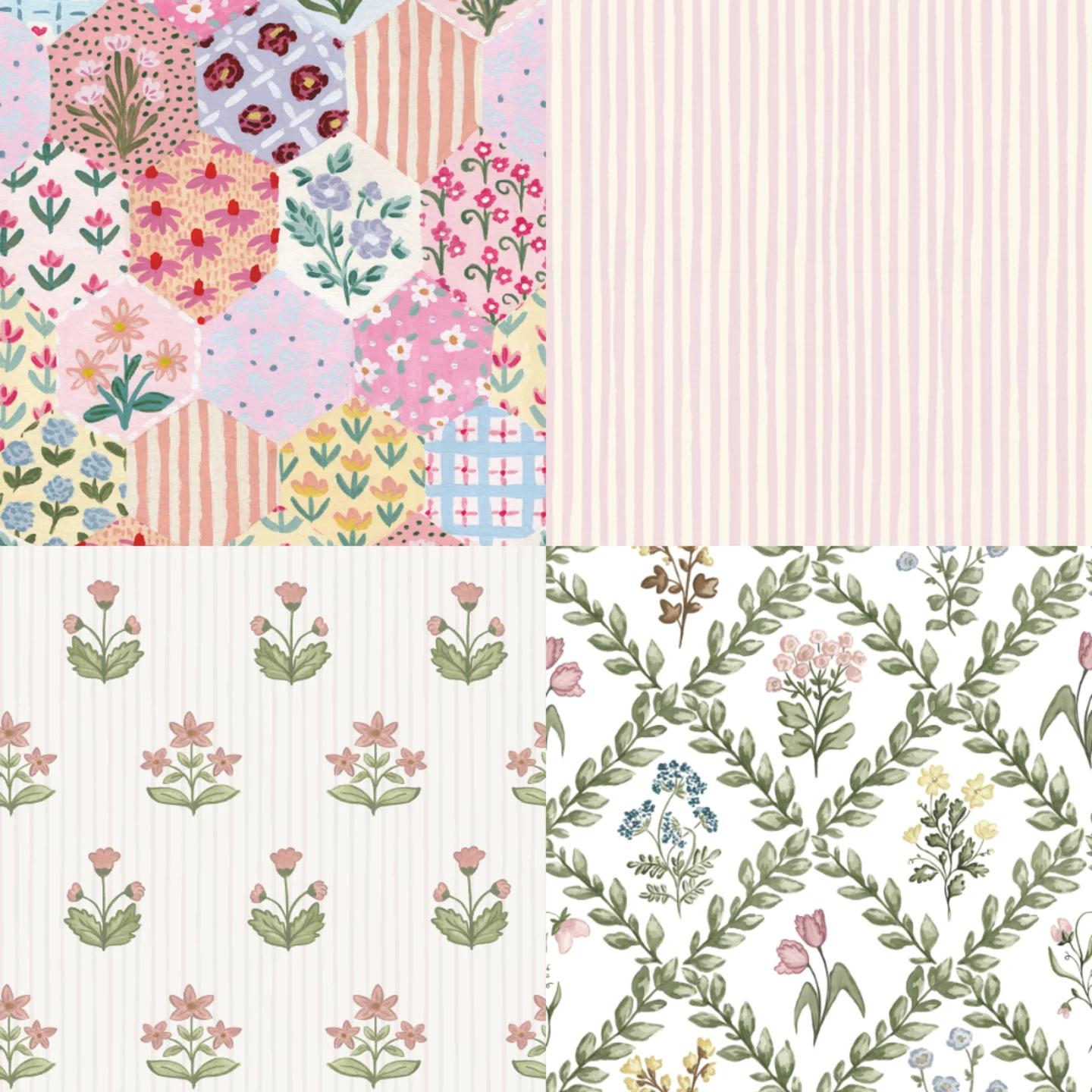 A grid of 4 cottagecore designs from sabinamariadesign