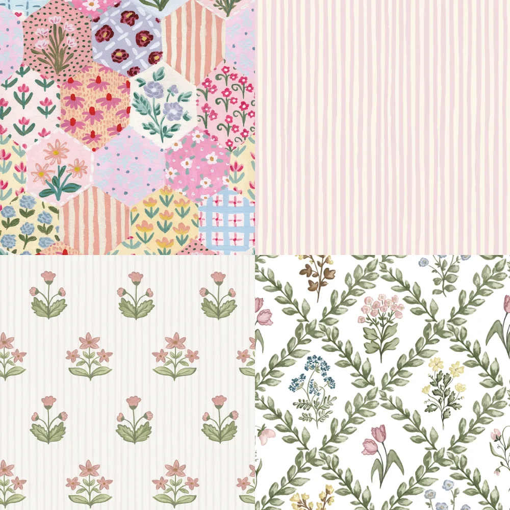 A grid of 4 cottagecore designs from sabinamariadesign