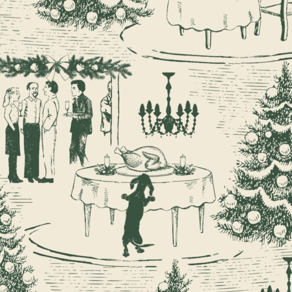 Bad Dog Holiday Party Toile - Green on Cream Fabric by nancy_bradham