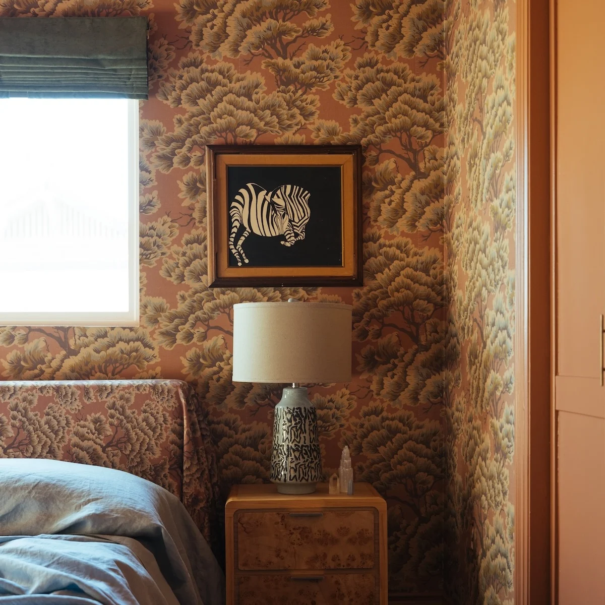 DIY headboard matching wallpaper pattern