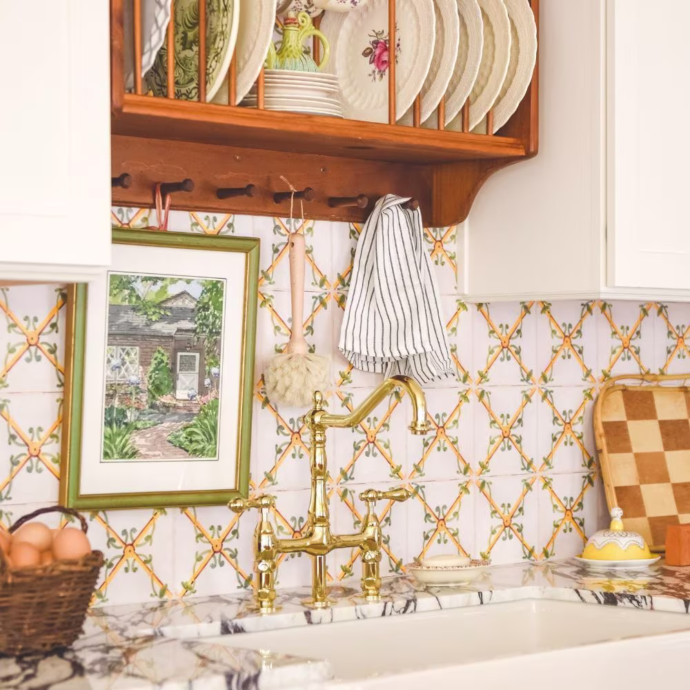 Kitchen with faux vintage tile wallpaper