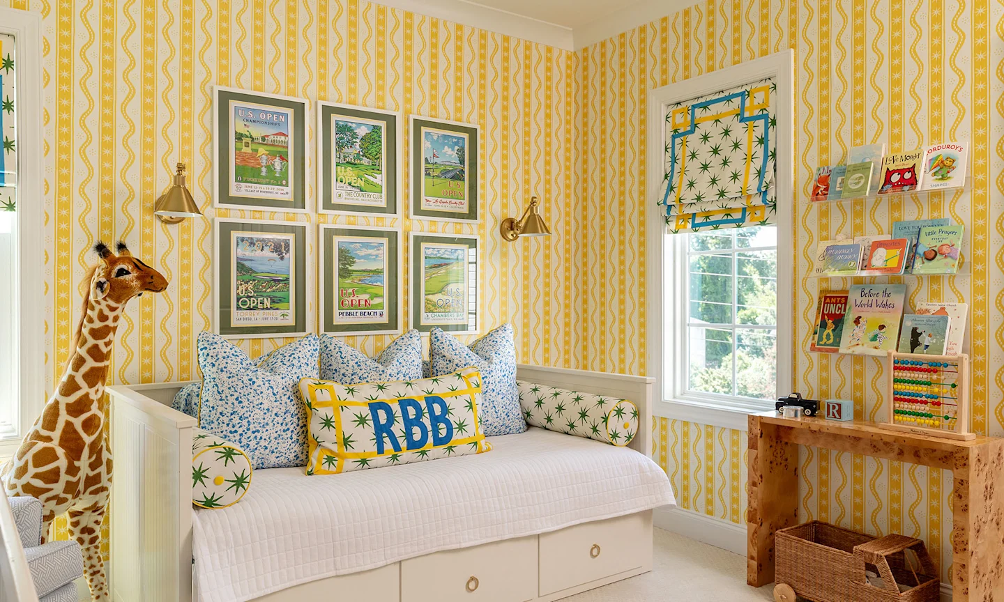 A bright and sunny kids room with yellow wallpaper