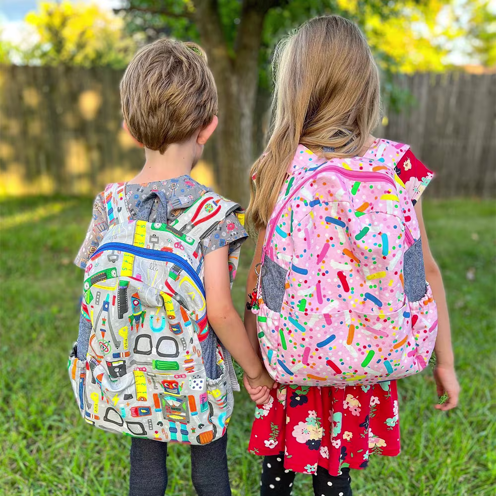 Small kids wearing backpacks made of Linen Cotton Canvas