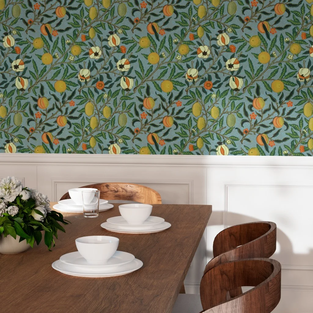 Dining room with wallpaper in Fruit or Pomegranate William Morris Special Edition Antique Bright by peacoquettedesigns.