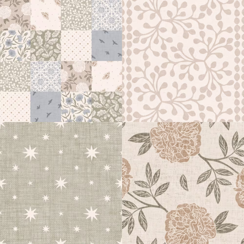 Soft florals, delicate botanicals, and timeless farmhouse-inspired coordinates create a warm, collected feel in this charming collection. With muted neutrals, dusty blues, and subtle pattern play, these designs are perfect for cozy quilts.