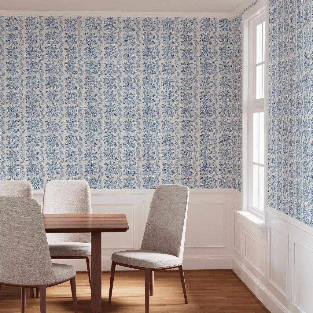 Dining room with wallpaper in Darling Dashwood Navy and Blueberry by whitneyenglish.
