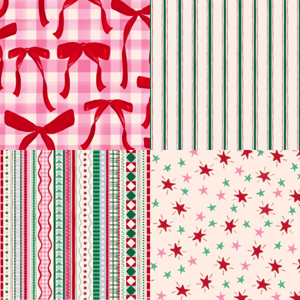 A playful retro-inspired holiday collection bursting with festive charm, featuring oversized ribbon bows, candy-striped coordinates, whimsical decorative stripes, and scattered star accents.