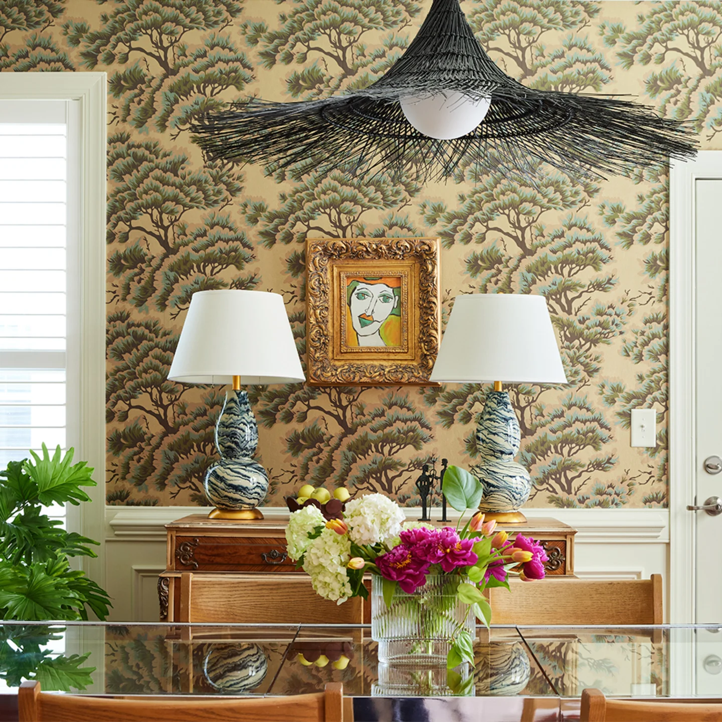 Dining room with gold metallic wallpaper in UMBRIA DUSK WOODS by holli_zollinger.