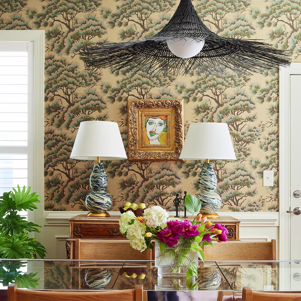 Dining room with gold metallic wallpaper in UMBRIA DUSK WOODS by holli_zollinger.