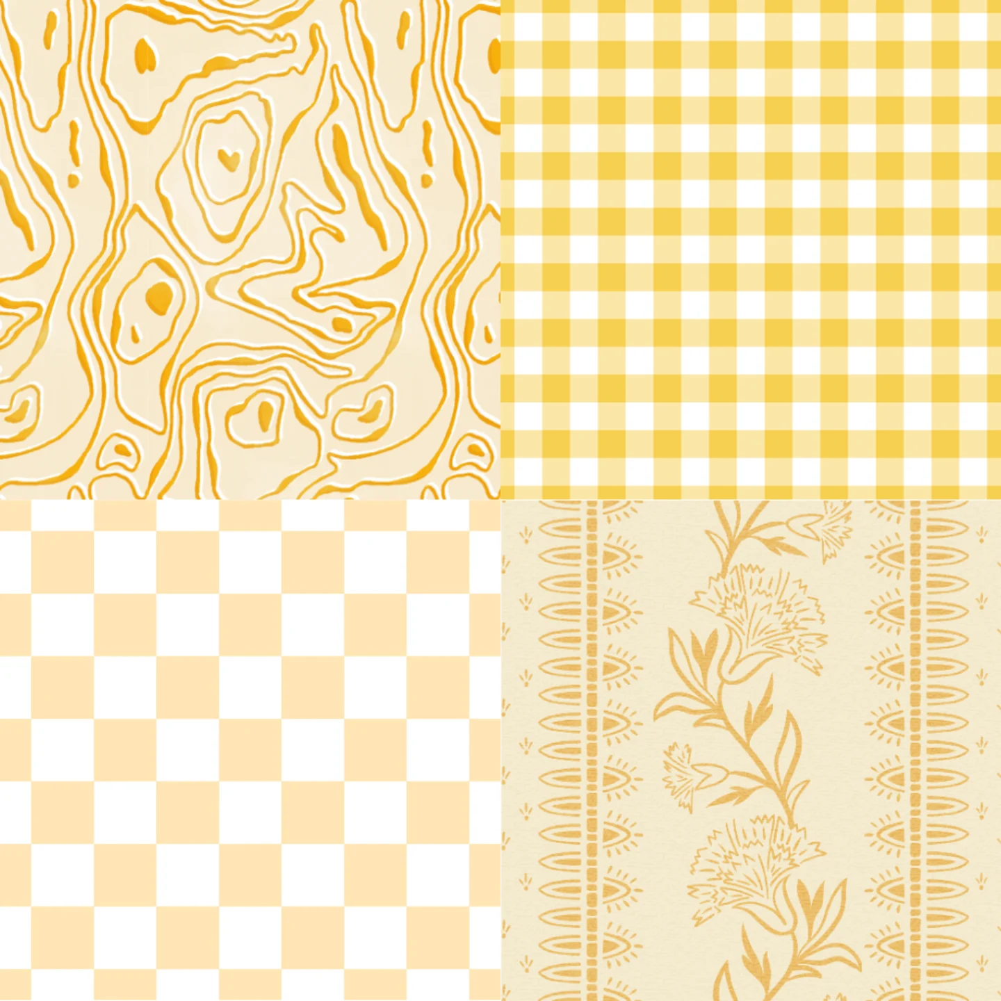 A grid of 4 sunny yellow designs from Spoonflower artists