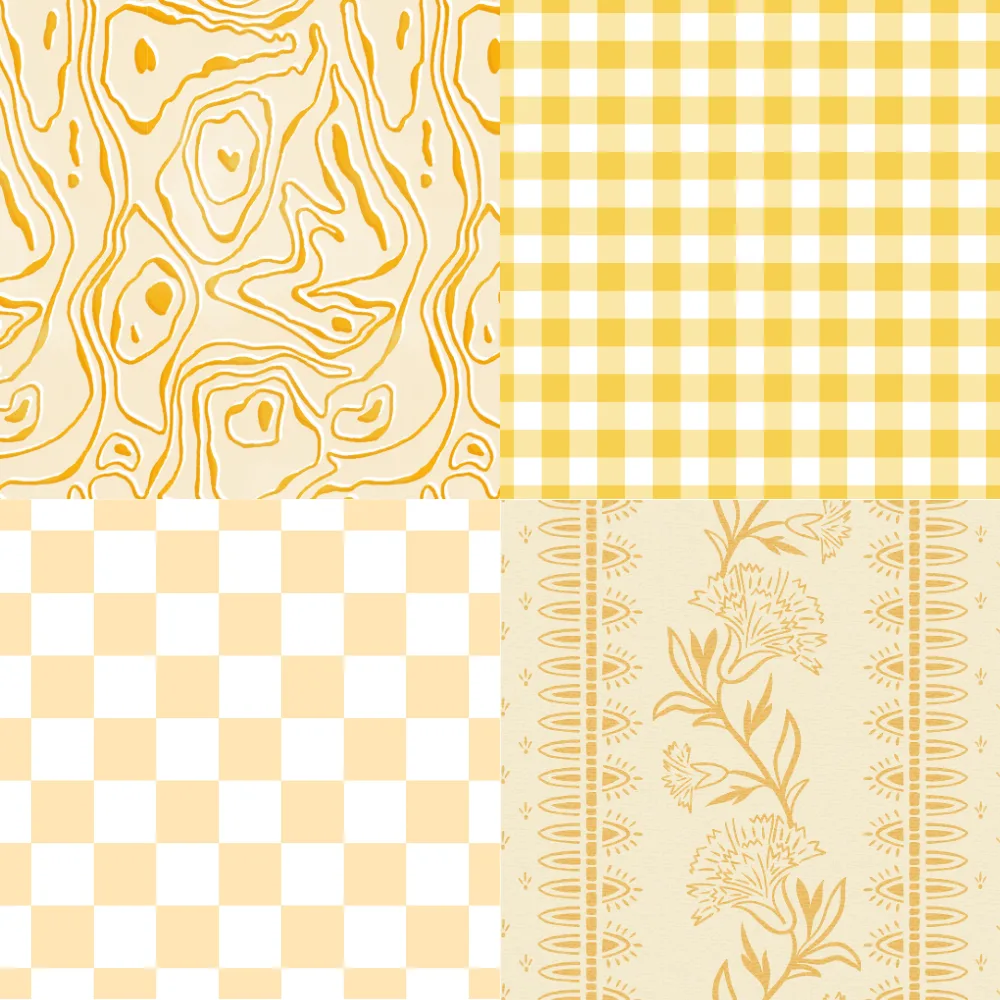 A grid of 4 sunny yellow designs from Spoonflower artists