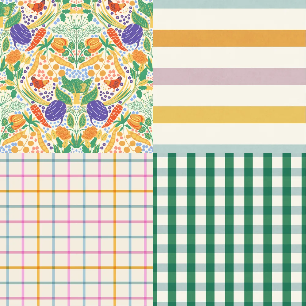 A grid of 4 farmer's market designs from impatterns