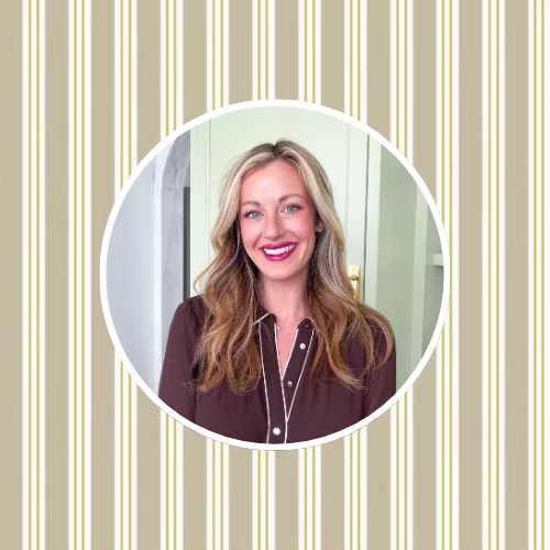 Headshot of Gail Disner in front of a sage green stripe design.