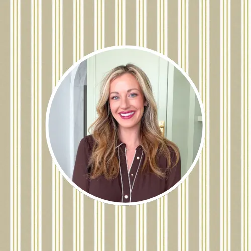Headshot of Gail Disner in front of a sage green stripe design.