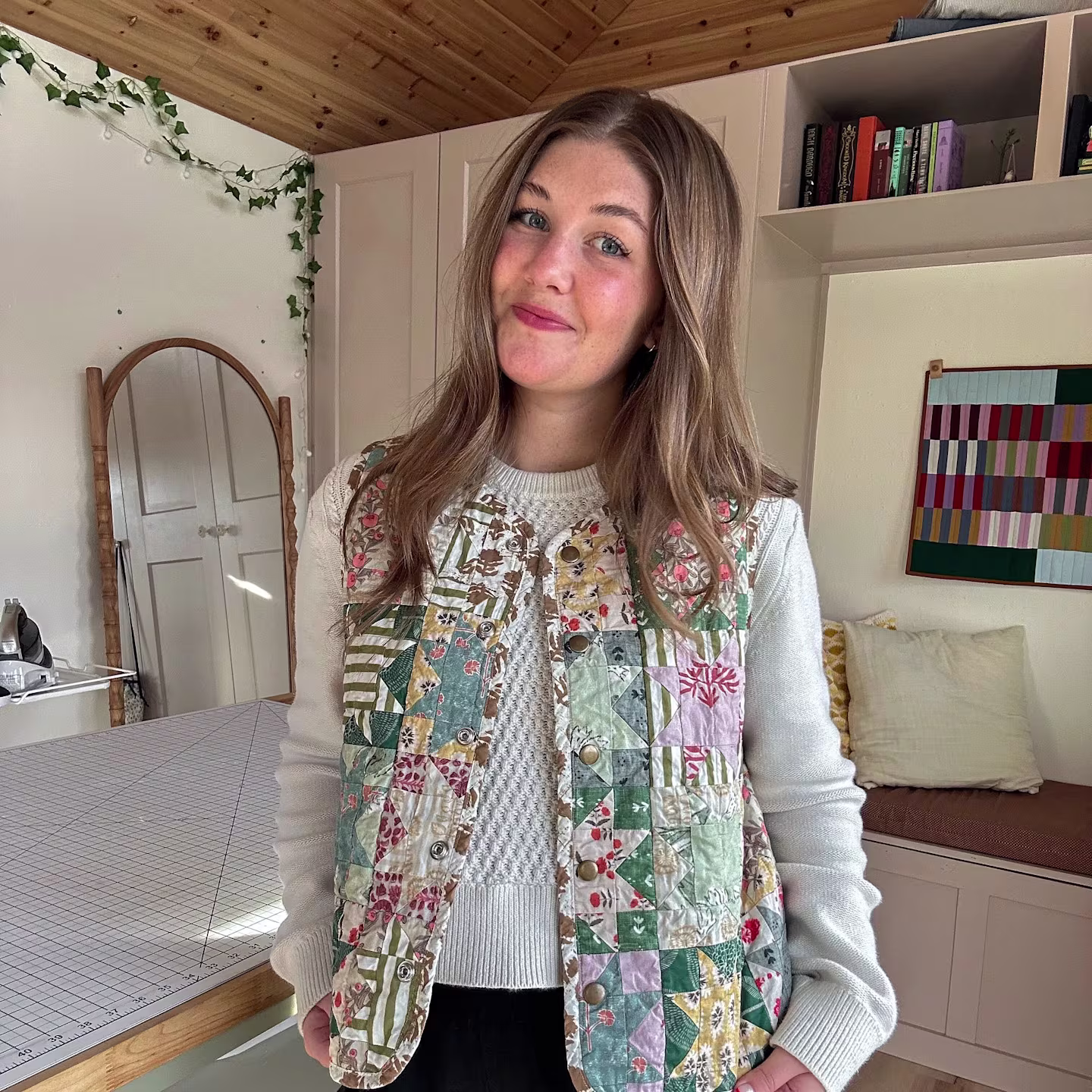 Sydney Graham in her patchwork vest made with Cotton Poplin