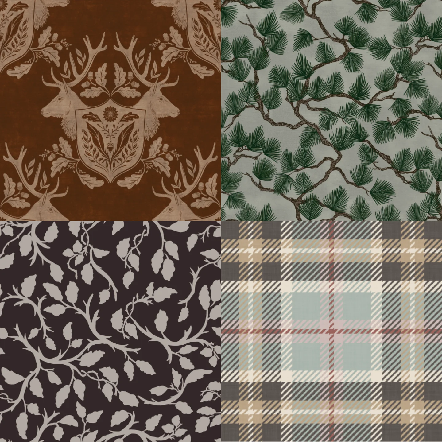 A grid of 4 winter woodland designs chosen by Spoonflower's style editors
