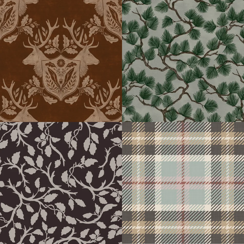 A grid of 4 winter woodland designs chosen by Spoonflower's style editors