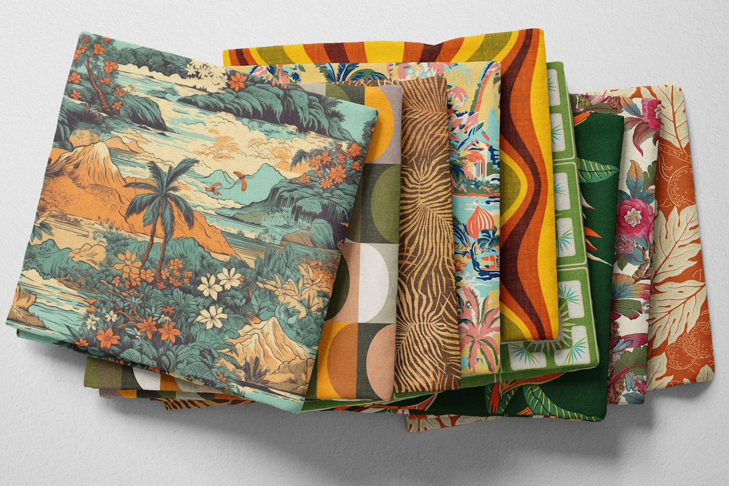 Colorful folded Spoonflower fabric with a vintage Cuban theme