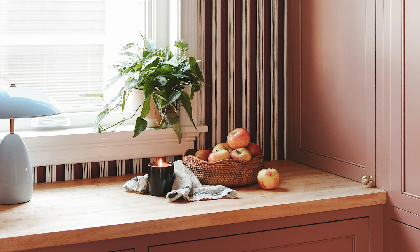 Kitchen pantry with maroon striped wallpaper and terracotta cupboards
