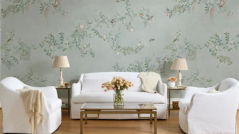 Floral garland wall mural in a living room